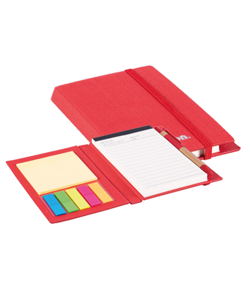 Libreta con notas adhesivas, lapicero y block agenda